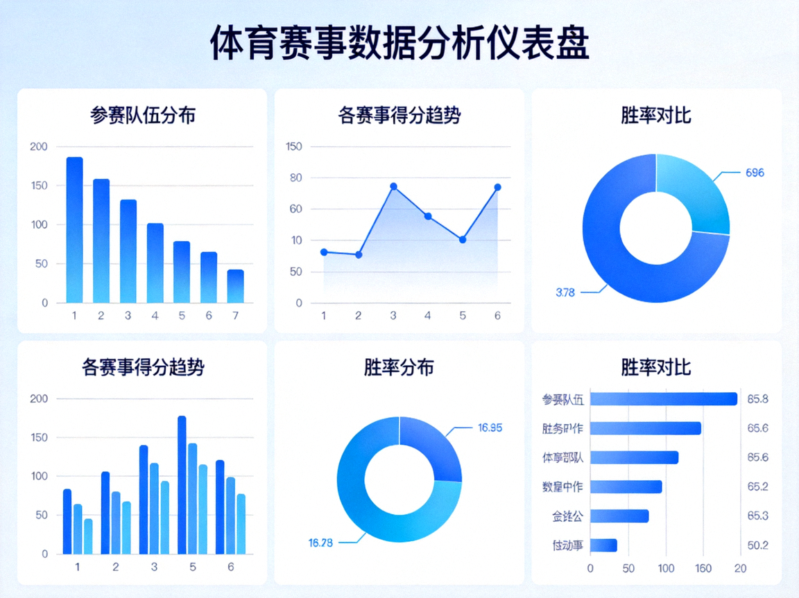 数据分析仪表盘界面，显示各种体育赛事统计图表